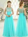 Empire Prom Evening Gown Aqua Blue Scoop Tulle Sleeveless Floor Length Backless