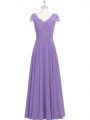 Custom Fit Lavender Chiffon Zipper Scalloped Cap Sleeves Floor Length Prom Evening Gown Lace