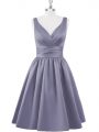 Sleeveless Satin Knee Length Zipper Prom Evening Gown in Grey with Ruching
