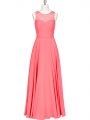 Sleeveless Floor Length Lace and Belt Zipper Homecoming Dress with Watermelon Red
