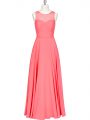 Sleeveless Floor Length Lace and Belt Zipper Homecoming Dress with Watermelon Red