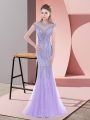 Tulle Scoop Cap Sleeves Sweep Train Lace Up Beading Prom Evening Gown in Lavender