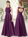 Purple Empire Ruching Prom Evening Gown Backless Satin Sleeveless Floor Length