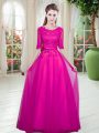 Half Sleeves Tulle Floor Length Lace Up Prom Gown in Fuchsia with Lace