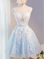 Glittering Knee Length A-line Sleeveless Baby Blue Dress for Prom Lace Up