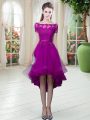 Stunning High Low Purple Prom Gown Off The Shoulder Short Sleeves Lace Up