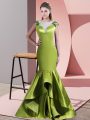 Satin Scoop Sleeveless Sweep Train Side Zipper Beading Prom Dress in Green and Olive Green