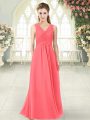 Designer Watermelon Red V-neck Neckline Ruching Dress for Prom Sleeveless Zipper