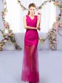 Chic Column/Sheath Bridesmaid Gown Fuchsia V-neck Tulle Sleeveless Floor Length Lace Up
