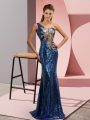Blue Prom Evening Gown One Shoulder Sleeveless Sweep Train Lace Up