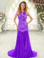 Beauteous Lavender Chiffon Backless Dress for Prom Sleeveless Brush Train Lace