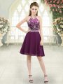 Superior Sleeveless Chiffon Knee Length Zipper Prom Evening Gown in Purple with Beading