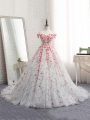 Sleeveless Tulle Brush Train Lace Up 15 Quinceanera Dress in White with Appliques