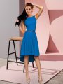 Empire Prom Dresses Blue Scoop Sleeveless High Low Lace Up