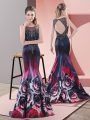 Multi-color Printed Backless Dress for Prom Sleeveless Sweep Train Beading