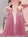 Sleeveless Tulle Sweep Train Lace Up Prom Dress in Pink with Lace