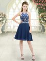 Knee Length Zipper Dress for Prom Blue for Prom and Party and Military Ball with Beading