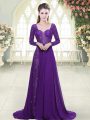 Fancy Eggplant Purple Sweetheart Neckline Beading and Lace Prom Gown Long Sleeves Backless