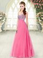 Hot Pink Tulle Lace Up Homecoming Dress Sleeveless Floor Length Beading