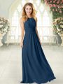 Best Selling Navy Blue Empire Chiffon Scoop Sleeveless Ruching Floor Length Zipper Prom Evening Gown
