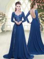 Affordable Blue Zipper Sweetheart Beading and Lace Prom Dresses Chiffon Long Sleeves Sweep Train