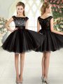 Exquisite Black A-line Square Sleeveless Tulle Mini Length Zipper Beading Prom Dresses