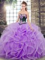 Cute Lavender Ball Gowns Sweetheart Sleeveless Tulle Sweep Train Lace Up Embroidery and Ruffles Ball Gown Prom Dress