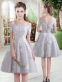 High End Grey Tulle Lace Up Off The Shoulder Short Sleeves Knee Length Dress for Prom Appliques