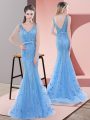Colorful Beading and Sequins Prom Dresses Baby Blue Backless Sleeveless Sweep Train
