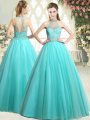 Customized Beading Prom Dresses Aqua Blue Zipper Sleeveless Floor Length