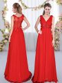 Classical V-neck Sleeveless Dama Dress for Quinceanera Floor Length Beading and Appliques Red Chiffon