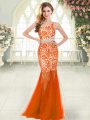 Sleeveless Floor Length Beading and Lace Zipper Dress for Prom with Orange Red
