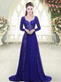 Hot Sale Royal Blue A-line Beading and Lace Party Dress Wholesale Backless Chiffon Long Sleeves