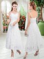 Glorious Sleeveless Tea Length Zipper Evening Dress in White with Ruffles