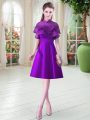 Artistic Cap Sleeves Satin Knee Length Lace Up in Eggplant Purple with Ruffled Layers