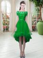 Short Sleeves High Low Appliques Lace Up Prom Dress with Green