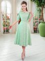 Beading Prom Evening Gown Apple Green Zipper Half Sleeves Tea Length