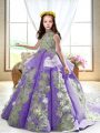 Popular Sleeveless Appliques Backless Girls Pageant Dresses with Lavender Court Train