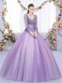 Ball Gowns Quinceanera Gowns Lavender V-neck Tulle Long Sleeves Floor Length Zipper
