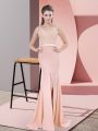 V-neck Sleeveless Prom Party Dress Sweep Train Beading and Lace Peach Chiffon