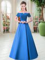 Dramatic Blue A-line Off The Shoulder Short Sleeves Satin Floor Length Lace Up Belt Prom Dress