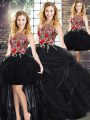 Fantastic Black Zipper Quinceanera Dresses Embroidery and Ruffles Sleeveless Floor Length