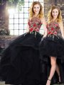 Three Pieces Quince Ball Gowns Black Bateau Tulle Sleeveless Floor Length Lace Up