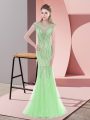 Chic Apple Green Mermaid Tulle Scoop Cap Sleeves Beading Zipper Prom Party Dress Sweep Train