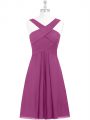 Stunning Fuchsia A-line Pleated Zipper Chiffon Sleeveless Knee Length