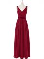 Elegant Wine Red Evening Dress Prom and Party and Military Ball with Ruching and Belt V-neck Sleeveless Zipper