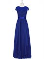 Comfortable Royal Blue Chiffon Zipper Scoop Cap Sleeves Floor Length Prom Gown Lace