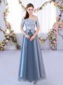 A-line Bridesmaid Gown Blue Off The Shoulder Tulle Short Sleeves Floor Length Lace Up