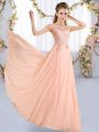 Wonderful Peach Chiffon Lace Up Court Dresses for Sweet 16 Sleeveless Floor Length Lace