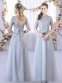 Flirting High-neck Half Sleeves Bridesmaid Dresses Floor Length Lace Grey Tulle